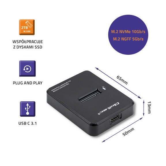 Stacja dokująca Qoltec 50313 do dysków SSD M.2/SATA/NGFF PCIE/NVMe, USB 3.1