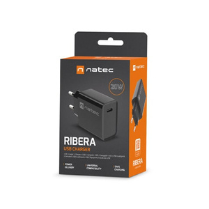 Ładowarka sieciowa Natec RIBERA 20W | 5-12V | 1.66-3A | 1 x USB Typu C PD | Czarna