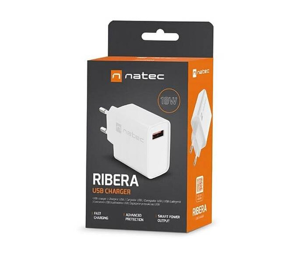 Ładowarka sieciowa Natec RIBERA 18W | 5-12V | 1.5-3A | 1 x USB QC 3.0 | Biała