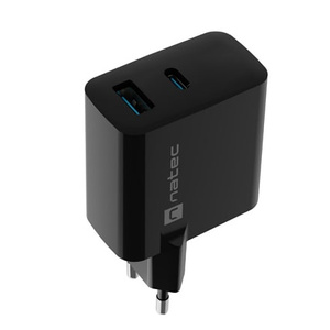 Natec RIBERA GaN 65W | 5-20V | 1.5-3.25A | 1 x USB-A QC 3.0 | 1 x USB-C PD | Czarna