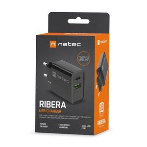 Ładowarka sieciowa Natec RIBERA 20W | 5-12V | 1.5-3.4A | 1 x USB QC 3.0 | 1 x USB Typu C PD | Czarna