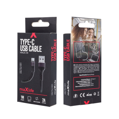 Maxlife kabel MXUC-01 USB - USB-C 1,0 m 2A czarny nylonowy